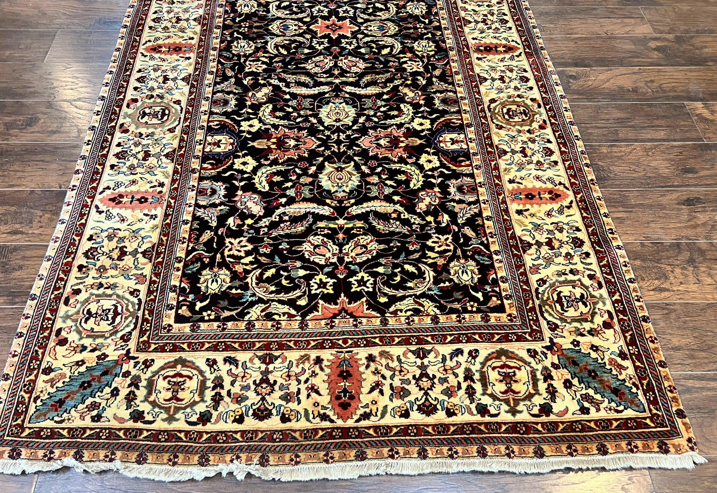Indo Persian Rug 5x15, Wide Runner Rug 5 x 15 ft, Wool Hand Knotted Vintage Carpet, Black & Cream, Floral Allover Long Oriental Rug - Nuvé