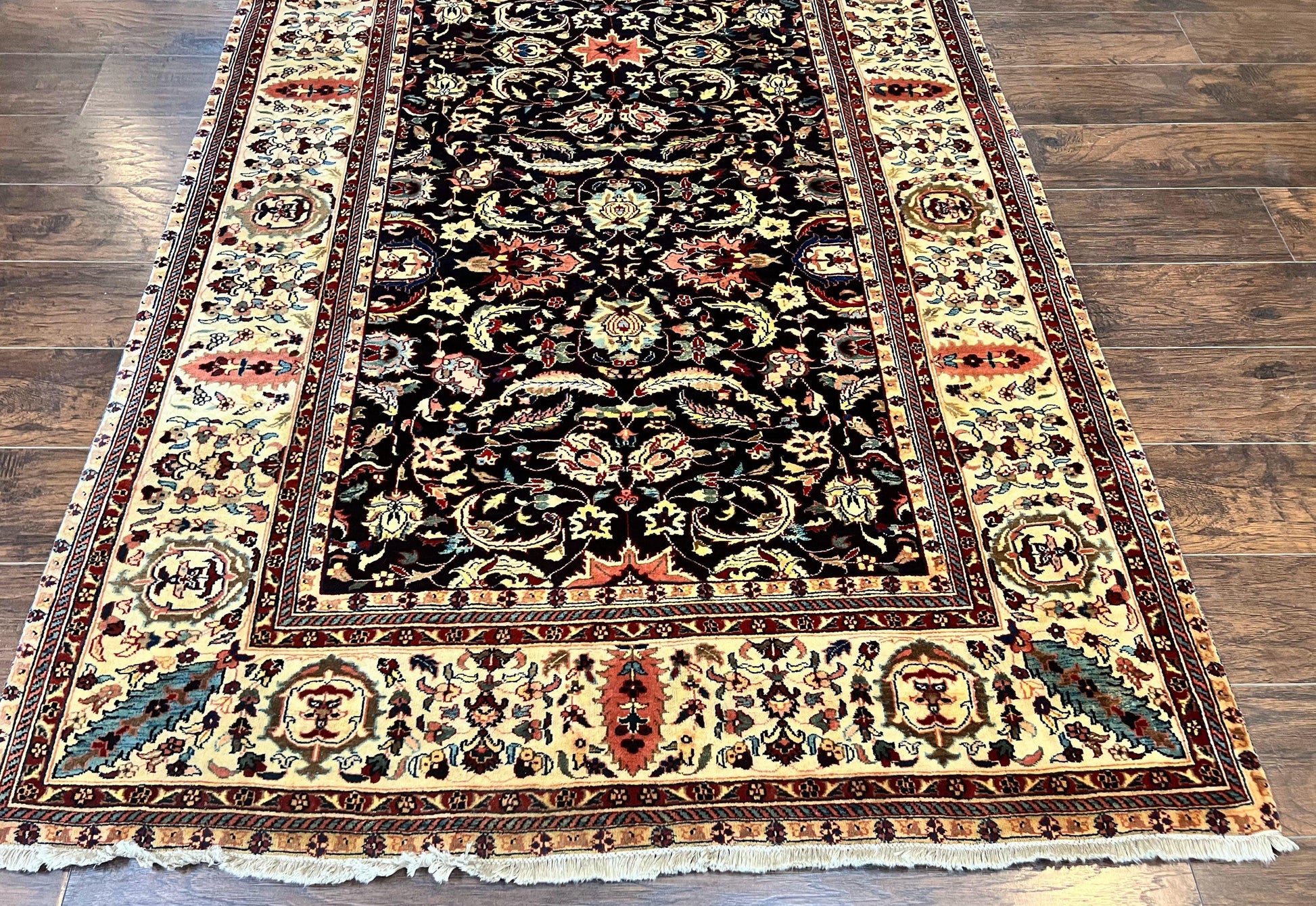 Indo Persian Rug 5x15, Wide Runner Rug 5 x 15 ft, Wool Hand Knotted Vintage Carpet, Black & Cream, Floral Allover Long Oriental Rug - Nuvé