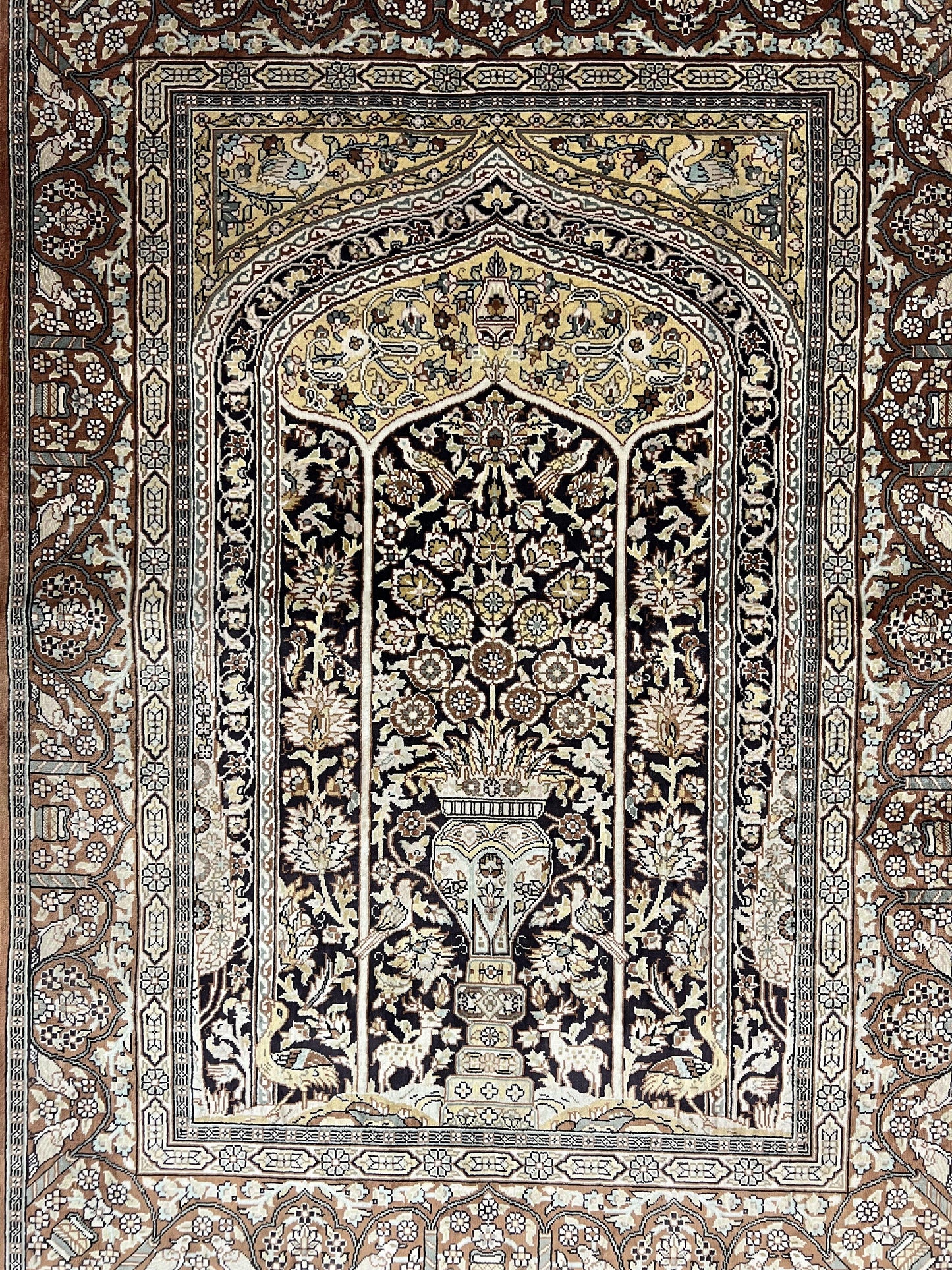 Turkish Silk Hereke Rug 2x3, Floral Vase Tree of Life Birds, Silk Pile on Silk Foundation, Vintage Oriental Carpet, Very Fine, Signature - Nuvé