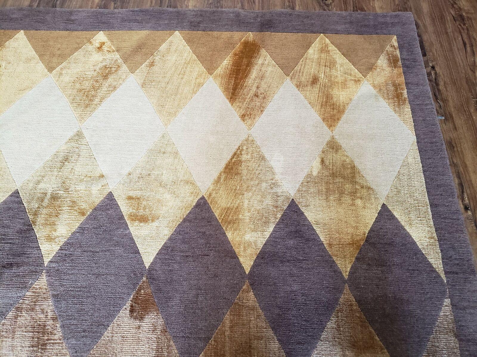 8' 6" X 11' Handmade Chinese Tibetan Nepal Silk & Wool Rug Gold Brown Tan Beige - Nuvé