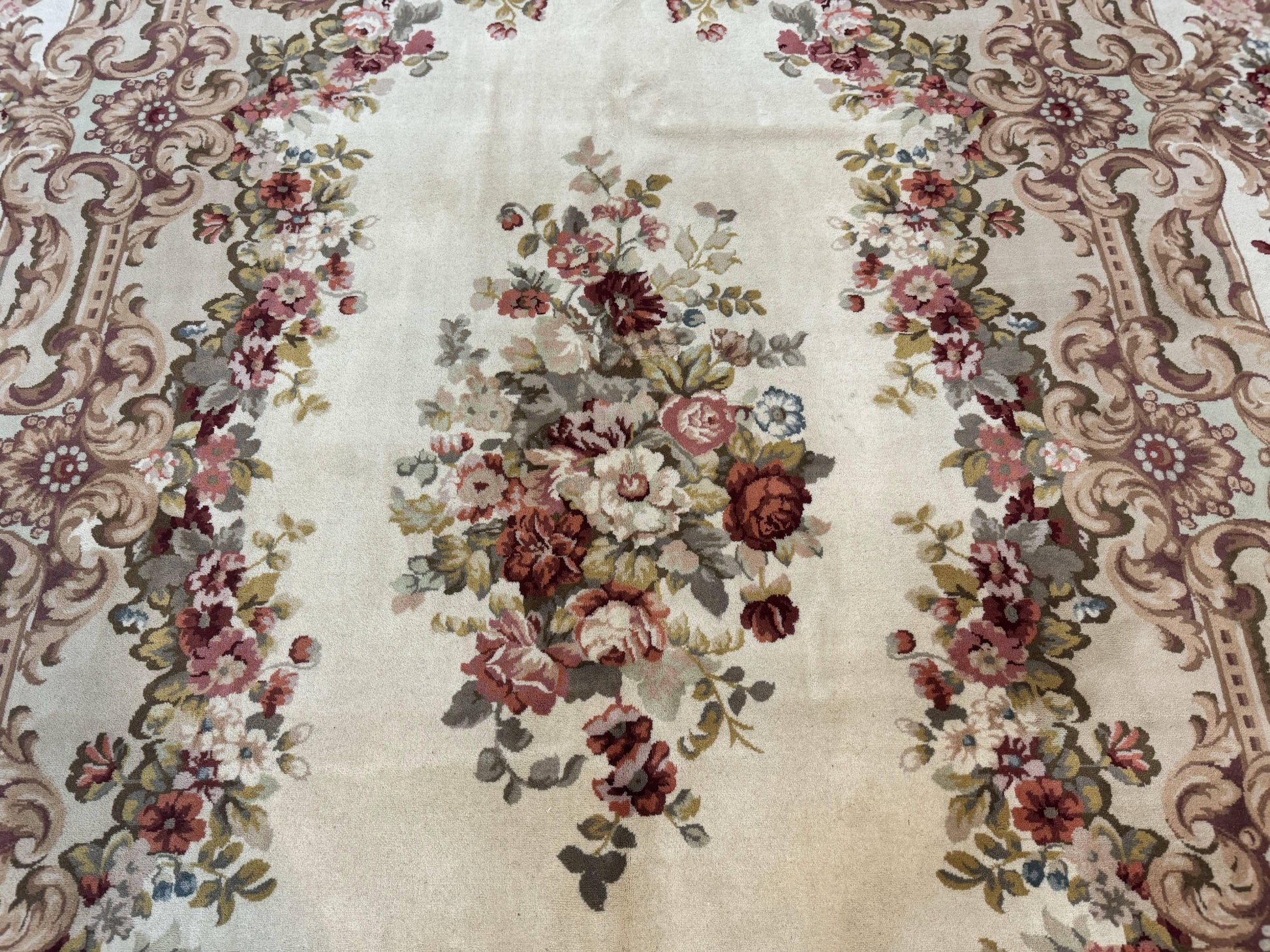 Aubusson Rug 8x12, European French Savonnerie Design, Thick Wool Pile, Elegant Rug, Cream Beige Light Green - Nuvé