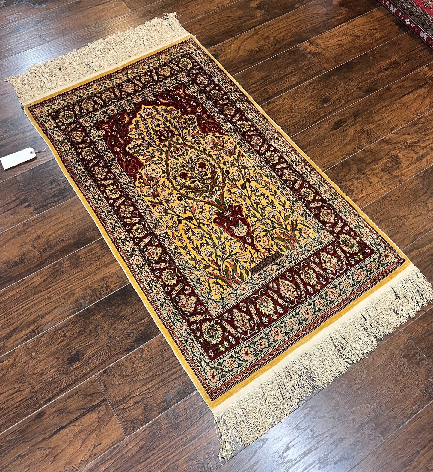 Wonderful Silk Turkish Hereke Prayer Rug 2.8 x 4.5, Tree of Life Design, Signature from Master Weaver, Gold and Burgundy, Handmade, 625 KPSI - Nuvé