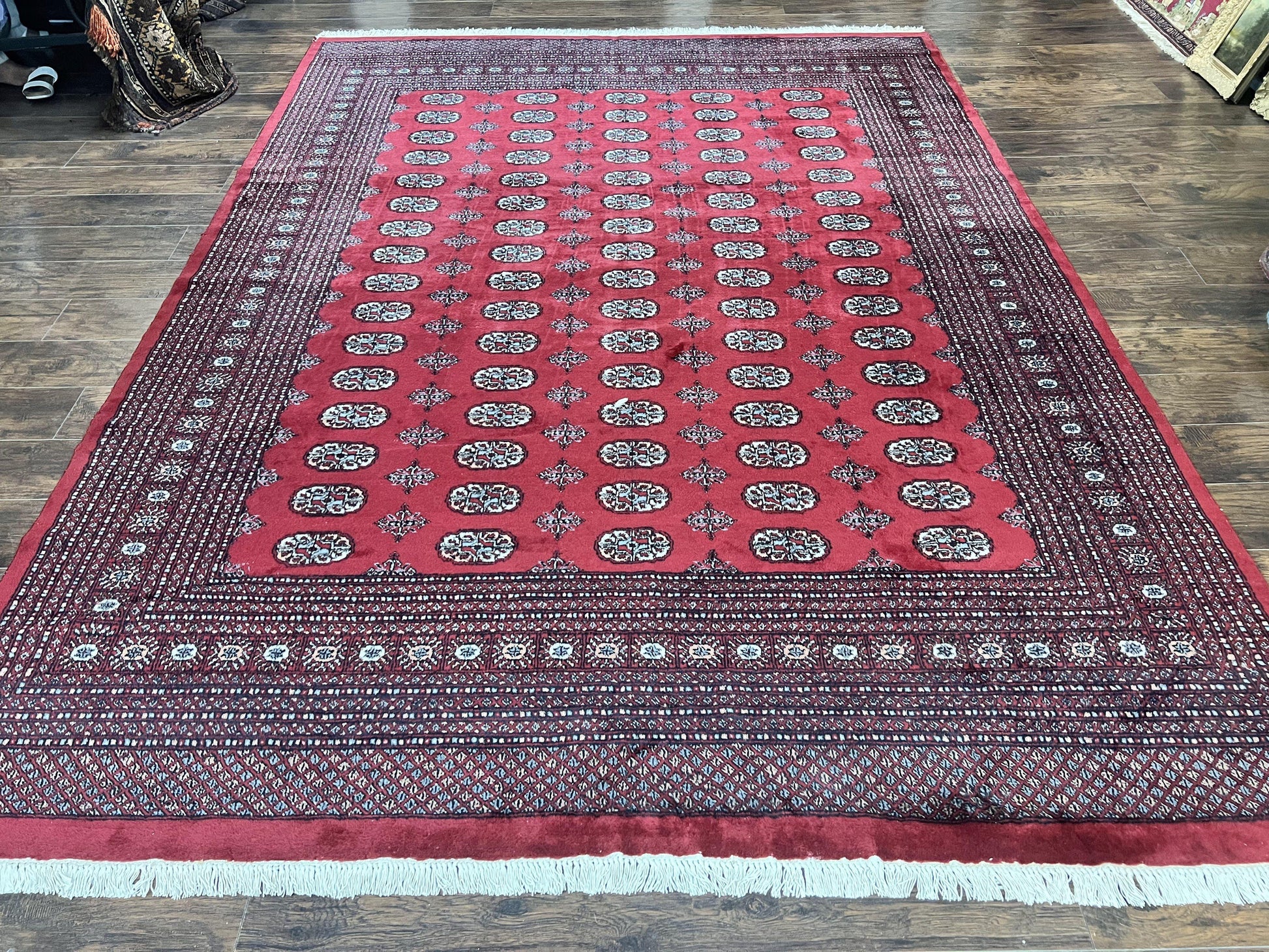 Turkoman Rug 8 x 11.6, Red Bokhara Pakistani Carpet, Wool Handmade Vintage Rug - Nuvé
