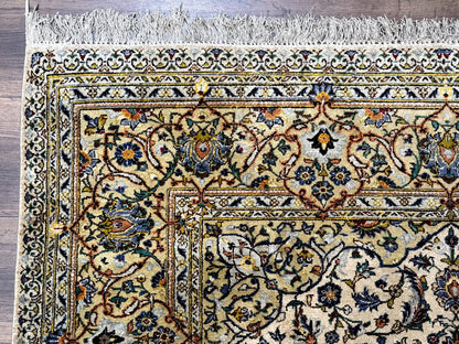 Rare Silk Persian Kashan Rug 4.6 x 7, Antique Fine 310 KPSI, Ivory - Nuvé