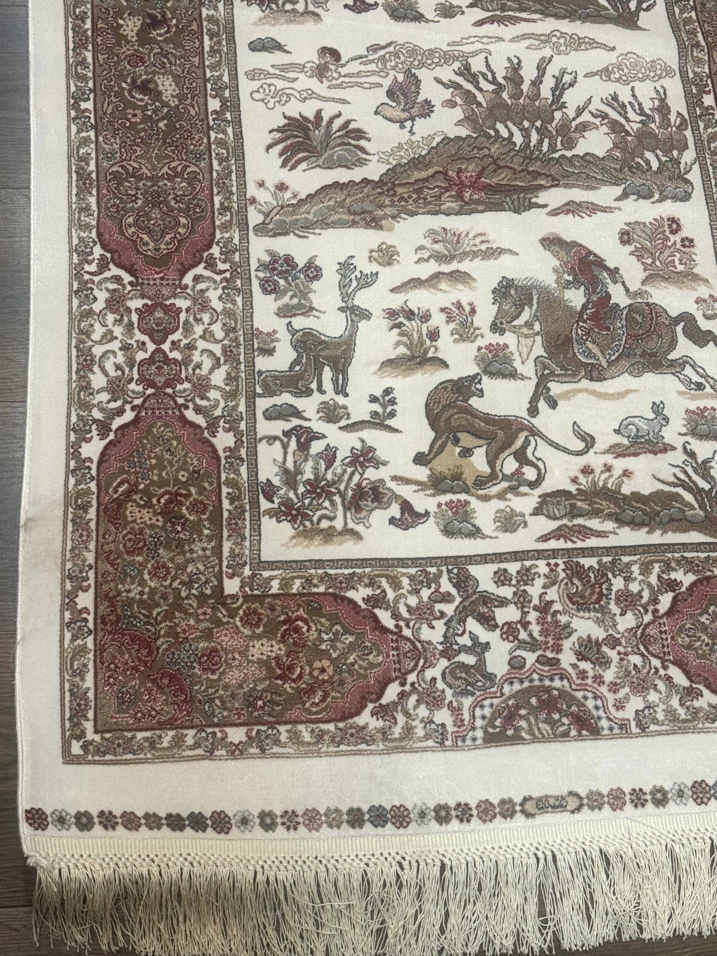 Long Turkish Silk Runner Rug 2.6 x 16.5, Hunting Design, Ivory, Bamboo Silk, New - Nuvé