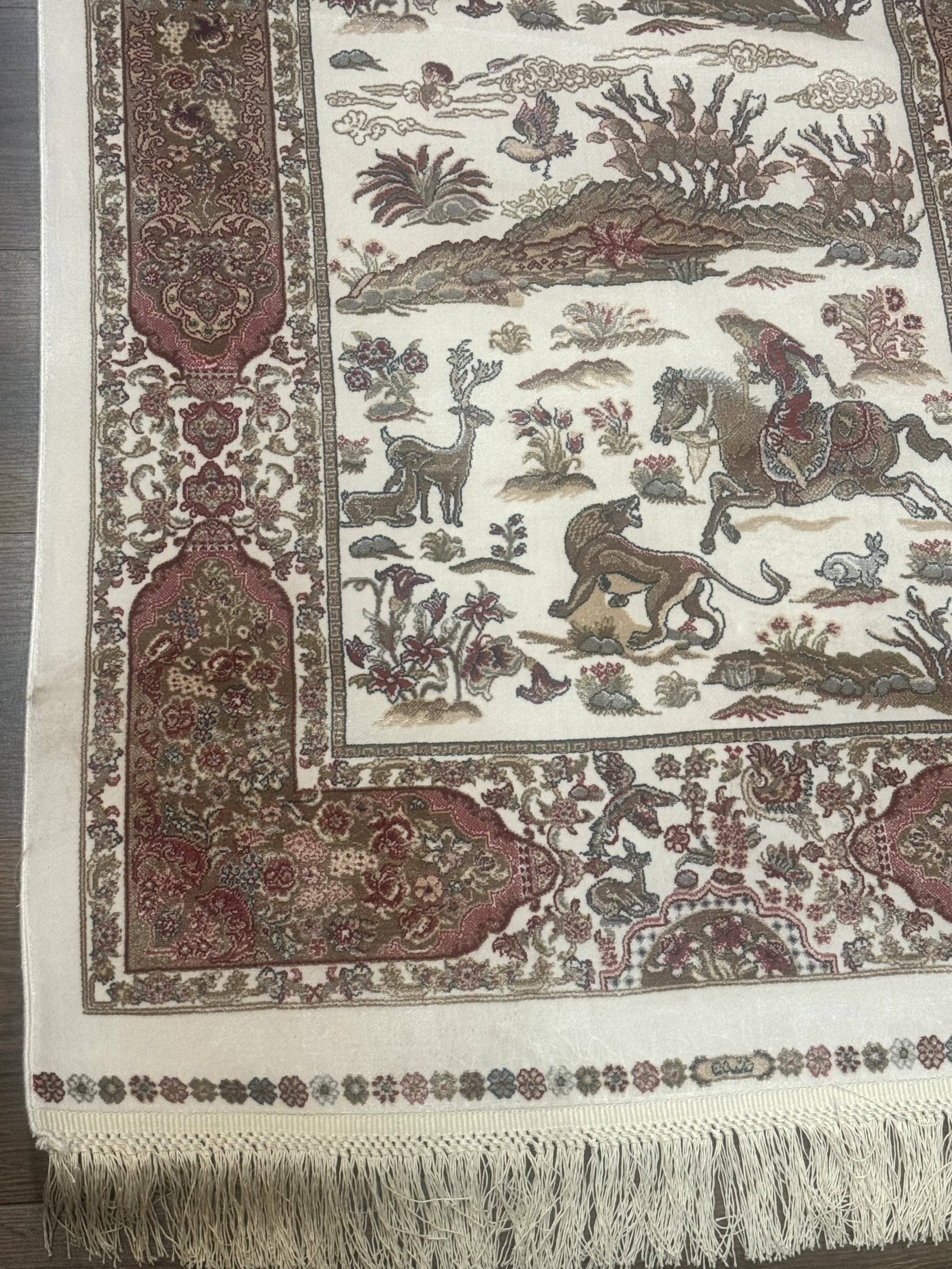 Long Turkish Silk Runner Rug 2.6 x 16.5, Hunting Design, Ivory, Bamboo Silk, New - Nuvé