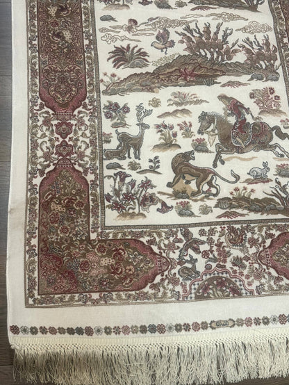 Long Turkish Silk Runner Rug 2.6 x 16.5, Hunting Design, Ivory, Bamboo Silk, New - Nuvé