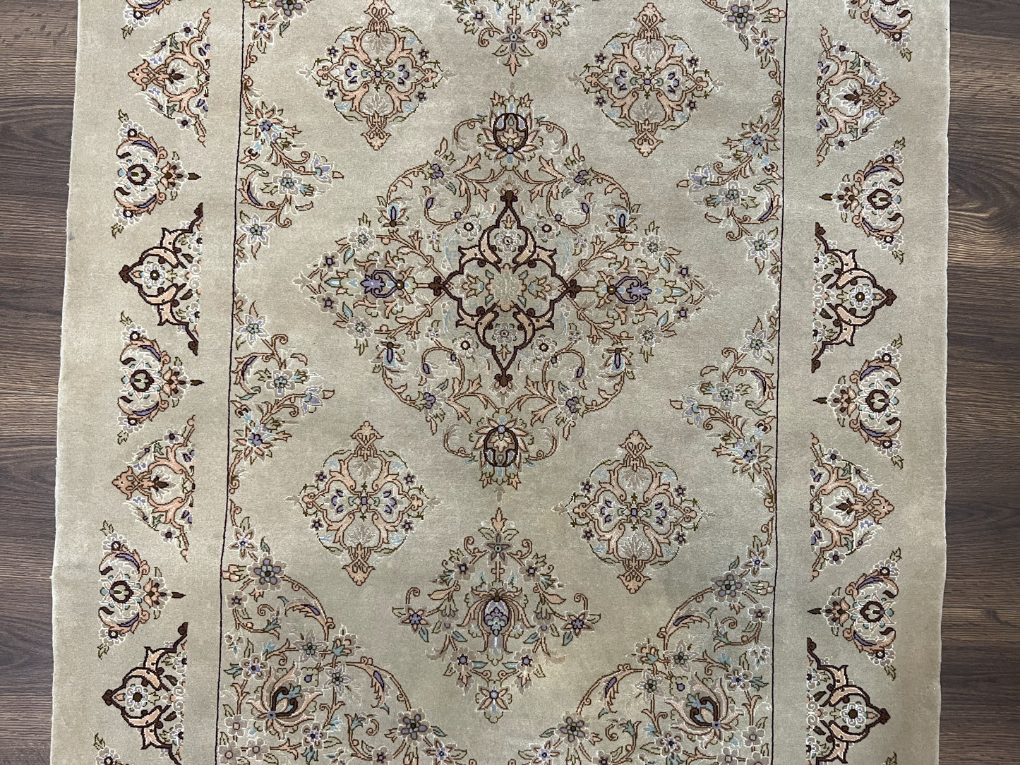 Very Fine Persian Isfahan Rug 3x5 ft with Signature, Kork Wool on Silk Foundation, Gray-Taupe Vintage Hand Knotted Oriental Carpet, 60 Raj 460 KPSI - Nuvé
