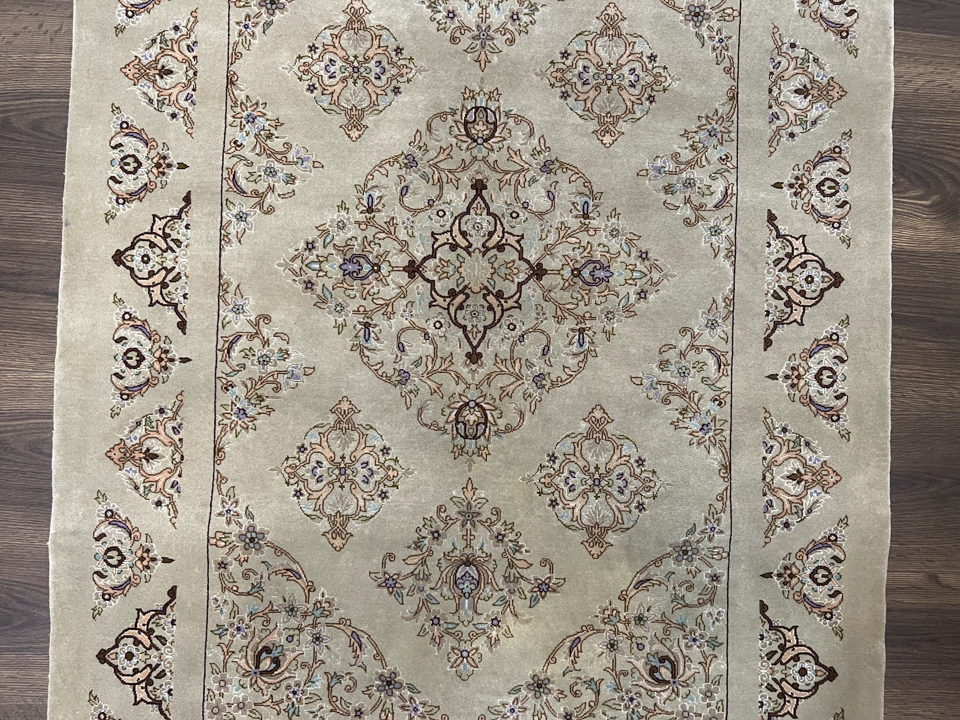 Very Fine Persian Isfahan Rug 3x5 ft with Signature, Kork Wool on Silk Foundation, Gray-Taupe Vintage Hand Knotted Oriental Carpet, 60 Raj 460 KPSI - Nuvé