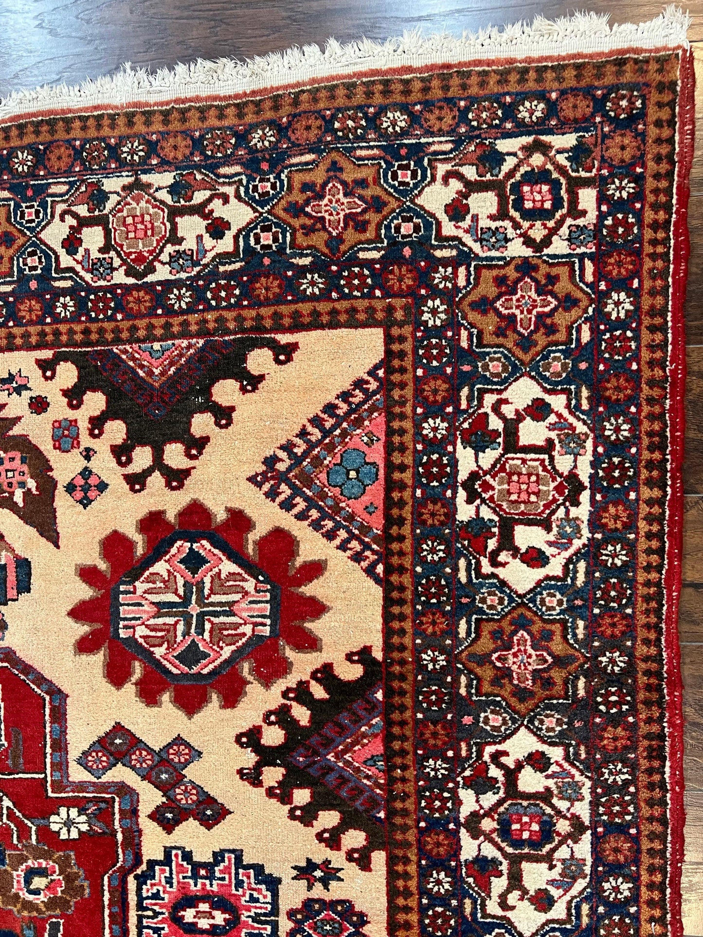 Antique Persian Heriz Rug 8x12 ft, Geometric Tribal Room Sized Carpet, Camel Hair Red Navy Blue, Wool Hand Knotted Medallion Oriental Carpet - Nuvé