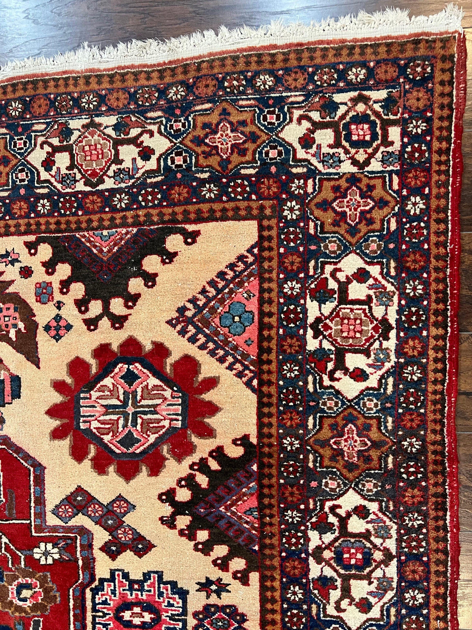 Antique Persian Heriz Rug 8x12 ft, Geometric Tribal Room Sized Carpet, Camel Hair Red Navy Blue, Wool Hand Knotted Medallion Oriental Carpet - Nuvé