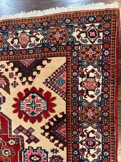 Antique Persian Heriz Rug 8x12 ft, Geometric Tribal Room Sized Carpet, Camel Hair Red Navy Blue, Wool Hand Knotted Medallion Oriental Carpet - Nuvé