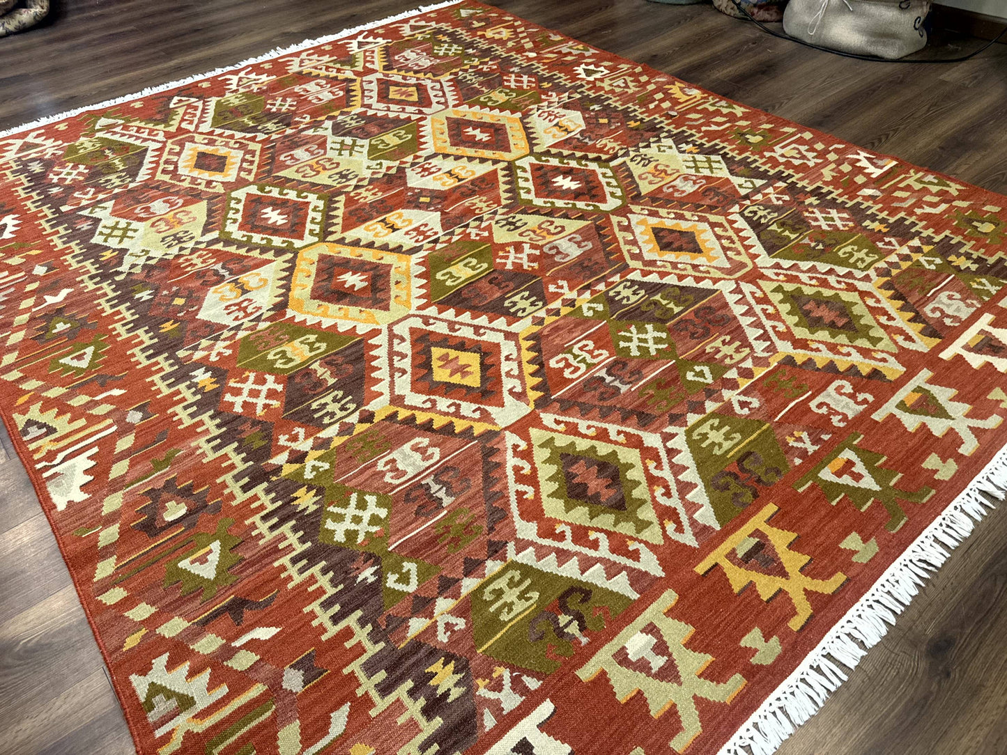 Turkish Kilim Rug 8x10, Geometric Design, Large Kilim Carpet - Nuvé