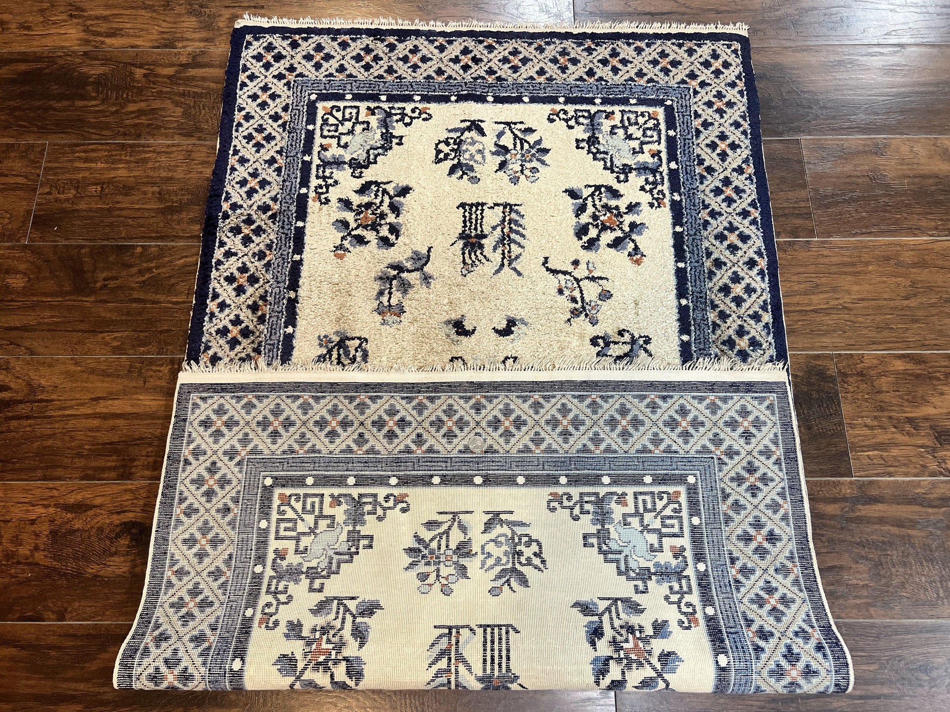 Silk Chinese Rug 3x5, Vintage Handmade Peking Carpet, Asian Oriental Art Deco Rug - Nuvé