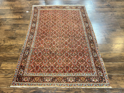 Antique Persian Bidjar Rug 5x7, Repeated Allover Herati Pattern, Red, Handmade Wool Carpet - Nuvé