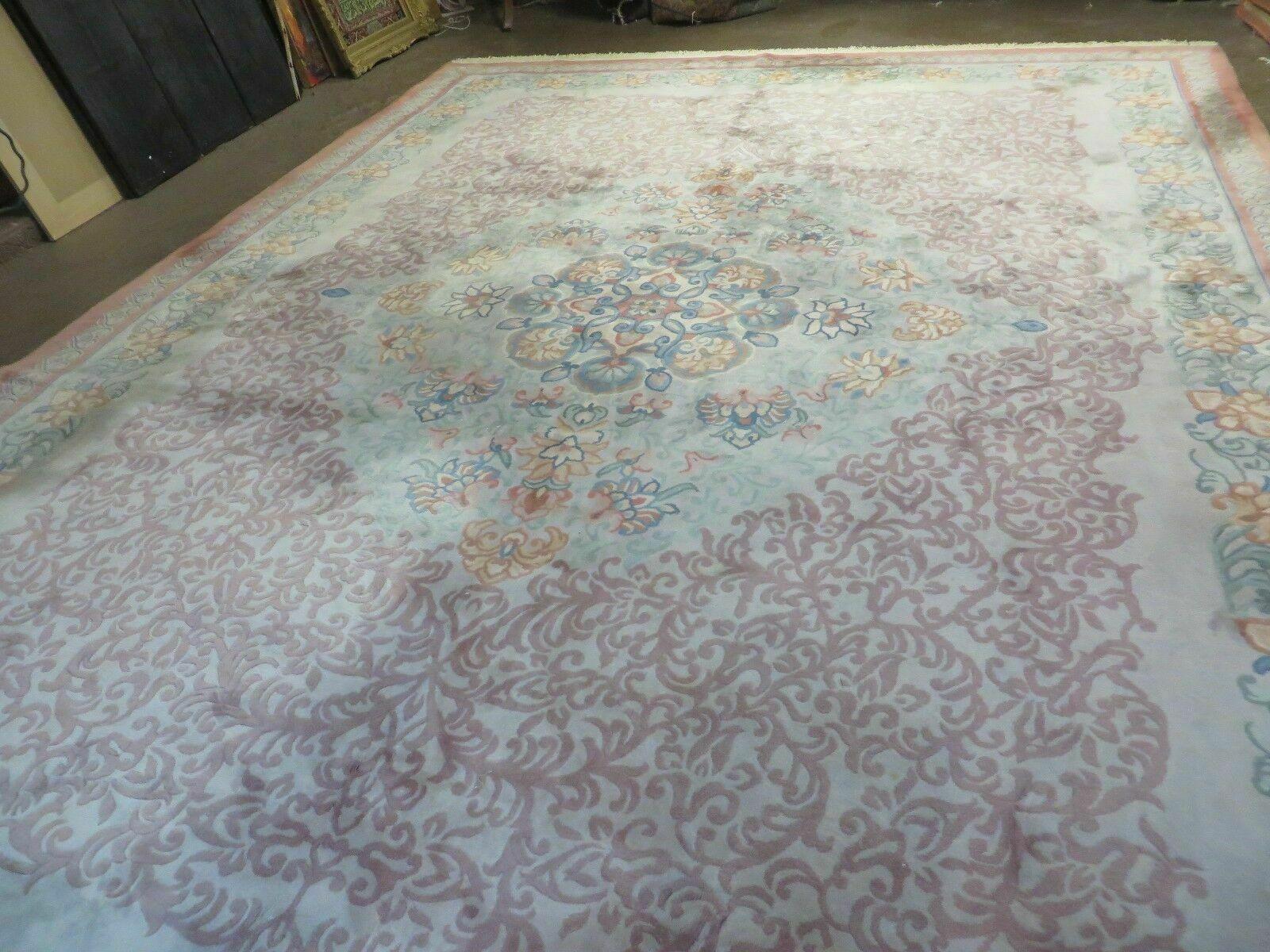 9' X 12' Vintage Handmade Chinese Carving Sculpture Wool Rug Flower Design Pink Carpet - Nuvé