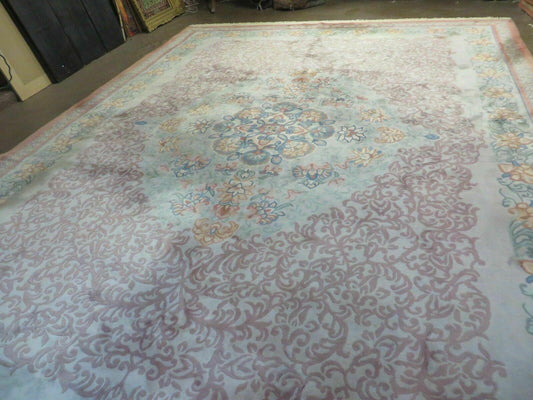 9' X 12' Vintage Handmade Chinese Carving Sculpture Wool Rug Flower Design Pink Carpet - Nuvé