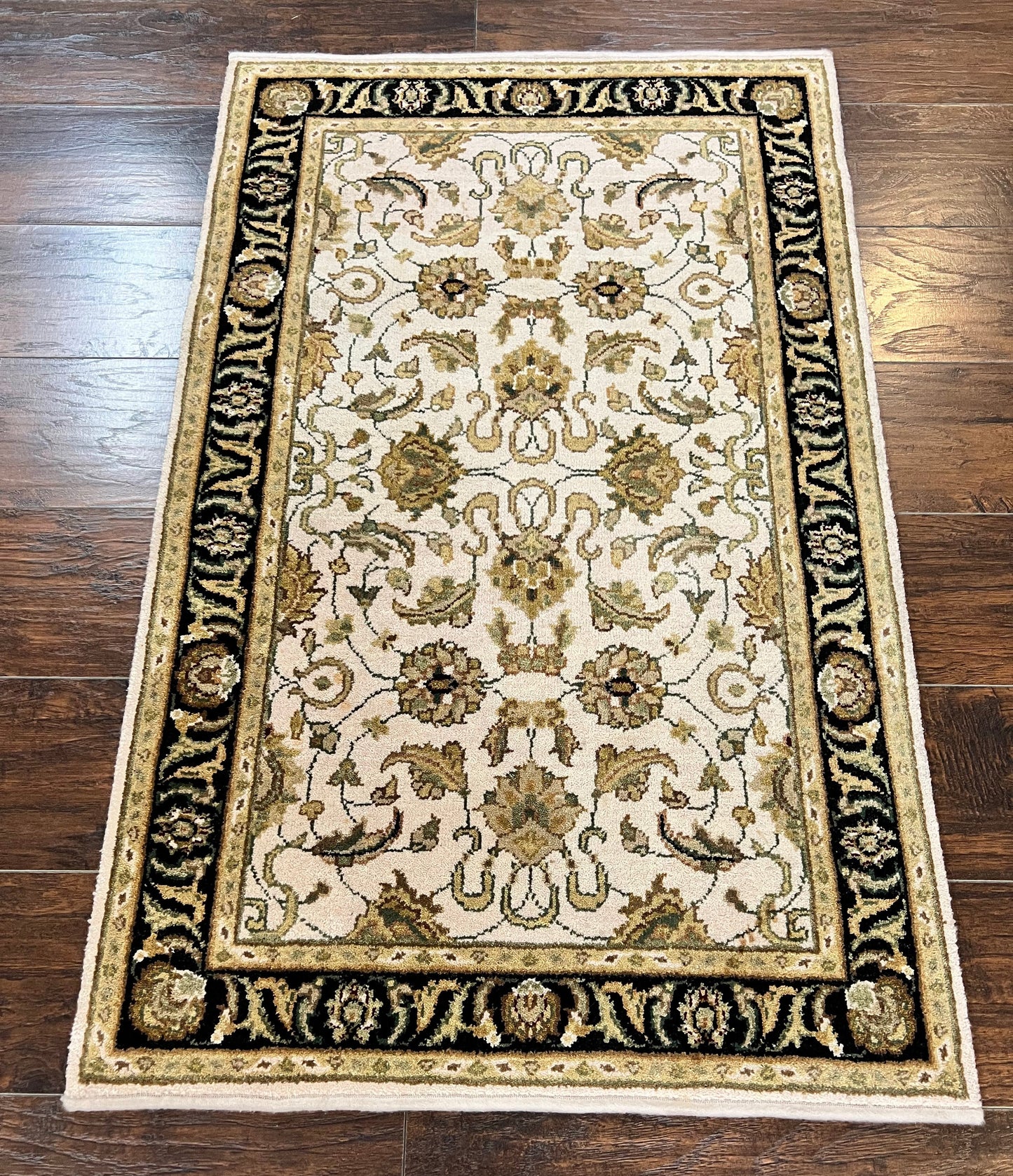 Small Indo Mahal Rug 2.5 x 4, Wool Indian Oriental Carpet, Hand Knotted Handmade Vintage Traditional Rug, Beige Tan Black - Nuvé