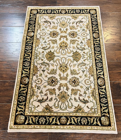 Small Indo Mahal Rug 2.5 x 4, Wool Indian Oriental Carpet, Hand Knotted Handmade Vintage Traditional Rug, Beige Tan Black - Nuvé