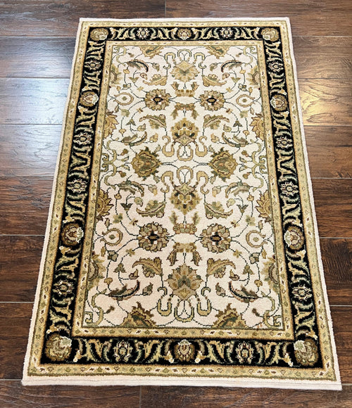 Small Indo Mahal Rug 2.5 x 4, Wool Indian Oriental Carpet, Hand Knotted Handmade Vintage Traditional Rug, Beige Tan Black - Nuvé