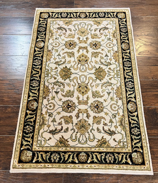 Small Indo Mahal Rug 2.5 x 4, Wool Indian Oriental Carpet, Hand Knotted Handmade Vintage Traditional Rug, Beige Tan Black - Nuvé