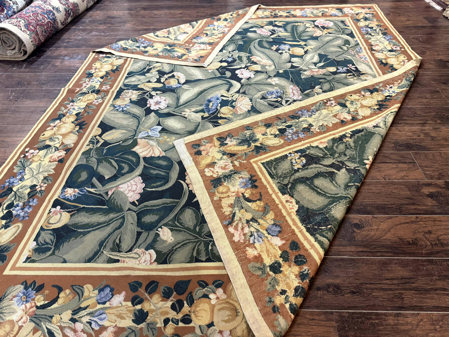 Needlepoint Rug 8x10, Vintage, Handmade, Wool, Green, Leaves & Fruits - Nuvé