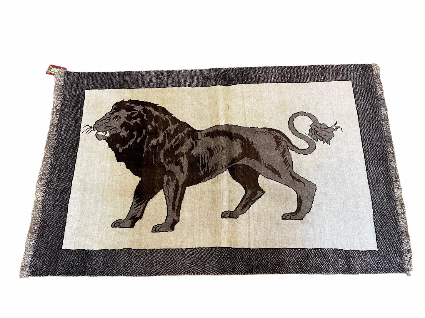 3 x 5 Handmade Rug Brown Beige Hand-Knotted Lion Rug New Vintage Quality Animal - Nuvé
