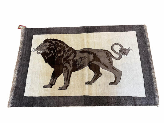 3 x 5 Handmade Rug Brown Beige Hand-Knotted Lion Rug New Vintage Quality Animal - Nuvé