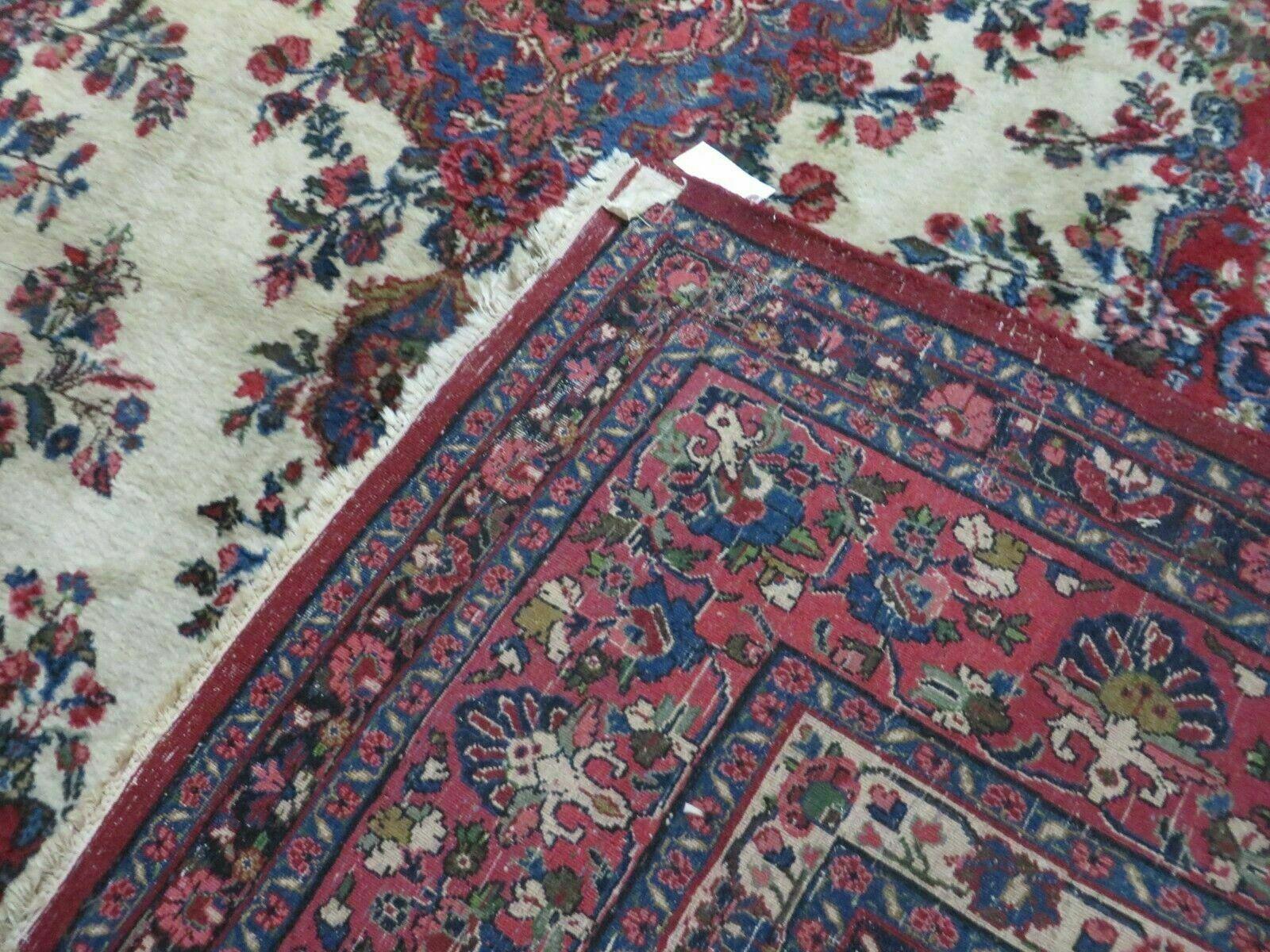 9x12 Persian Sarouk Rug - Semi Open Field Medallion Rug - Ivory Red Blue Hand Knotted Wool Oriental Carpet 9 x 12 Antique Rug - Vegetable Dyes - Nuvé