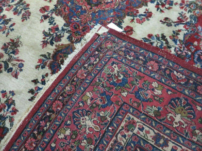 9x12 Persian Sarouk Rug - Semi Open Field Medallion Rug - Ivory Red Blue Hand Knotted Wool Oriental Carpet 9 x 12 Antique Rug - Vegetable Dyes - Nuvé