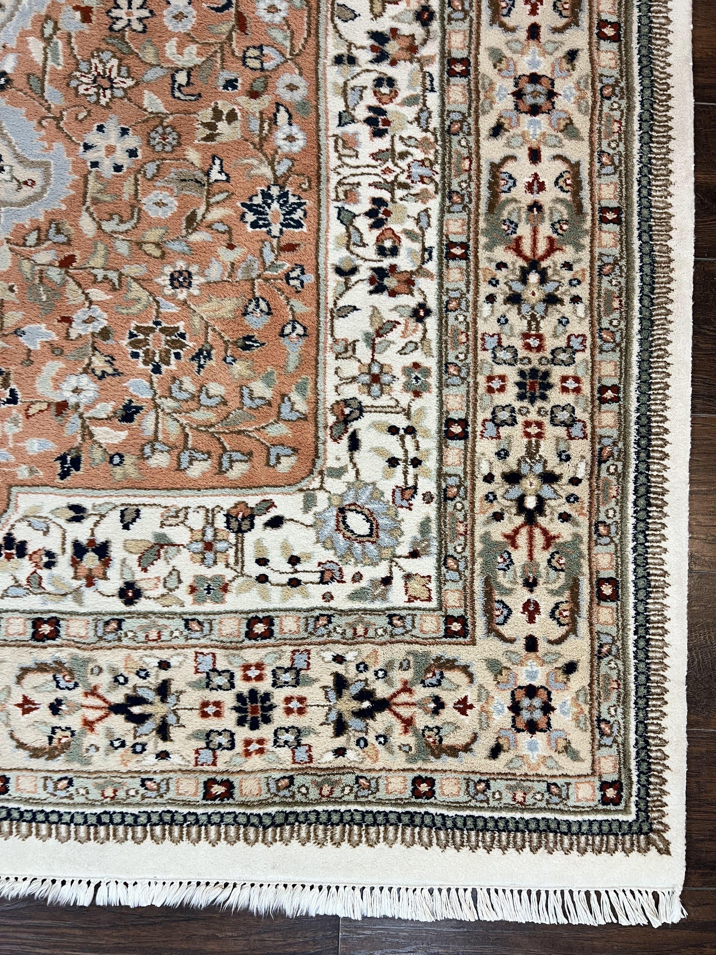 Indo Persian Rug 6x9, Wool Hand Knotted Vintage Carpet, Salmon & Ivory, Traditional Oriental Rug 6 x 9 - Nuvé