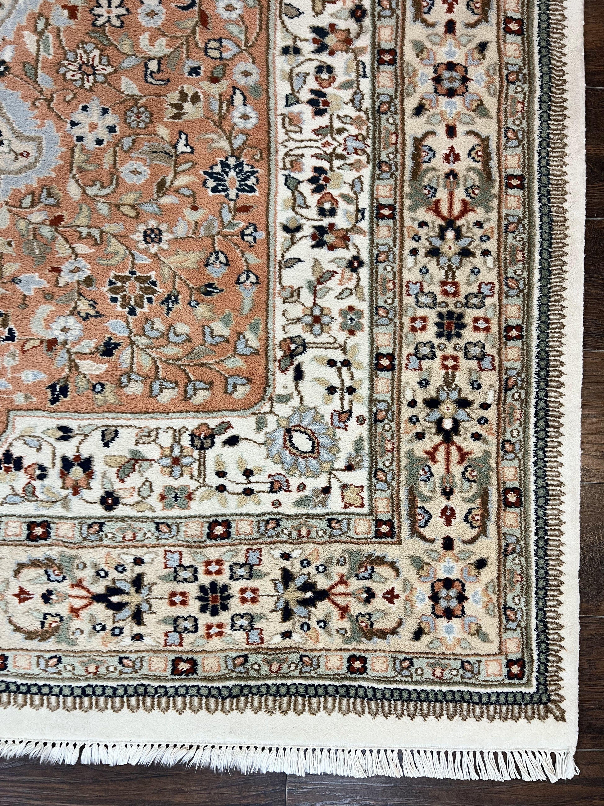 Indo Persian Rug 6x9, Wool Hand Knotted Vintage Carpet, Salmon & Ivory, Traditional Oriental Rug 6 x 9 - Nuvé