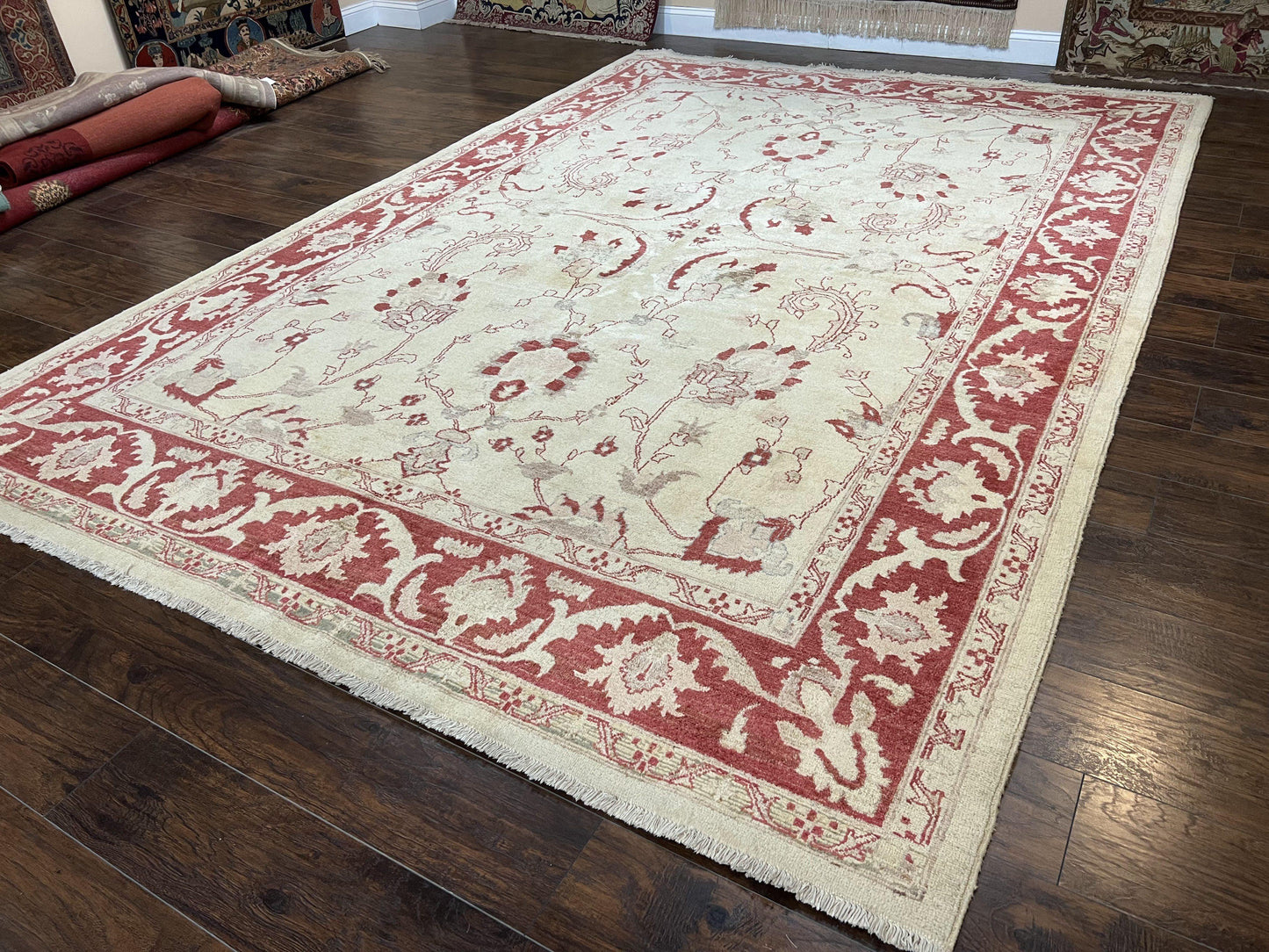 Peshawar Rug 8x12 Pakistani Carpet, Oriental Rug 8 x 12 Chobi Rug, Beige and Red, Allover Large Floral Design, Hand Knotted Vintage Wool - Nuvé