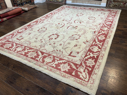 Peshawar Rug 8x12 Pakistani Carpet, Oriental Rug 8 x 12 Chobi Rug, Beige and Red, Allover Large Floral Design, Hand Knotted Vintage Wool - Nuvé