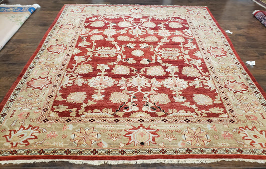 Peshawar Rug 9.5 x 10.8, Almost Square Size, Red and Beige Chobi Sultanabad Rug, Shah Abbas Flowers, Wool Handmade, Vintage Oriental Carpet - Nuvé