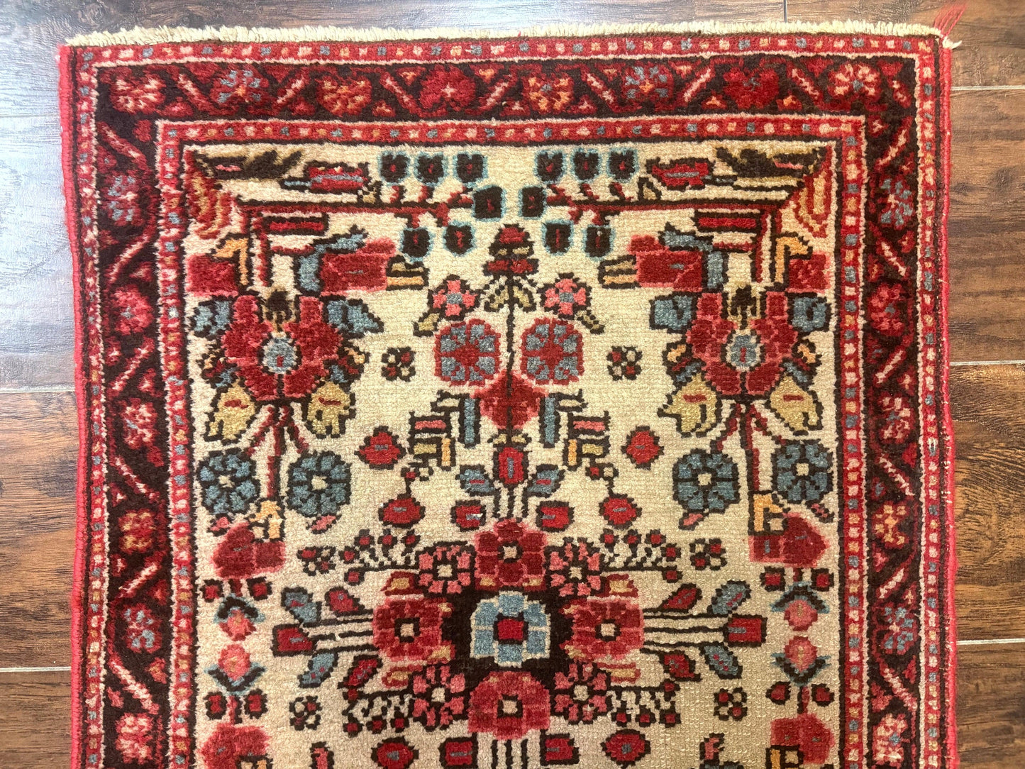 Small Antique Persian Rug 2x3, Beige and Red, Floral, Wool, Hamadan Rug - Nuvé