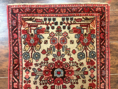 Small Antique Persian Rug 2x3, Beige and Red, Floral, Wool, Hamadan Rug - Nuvé