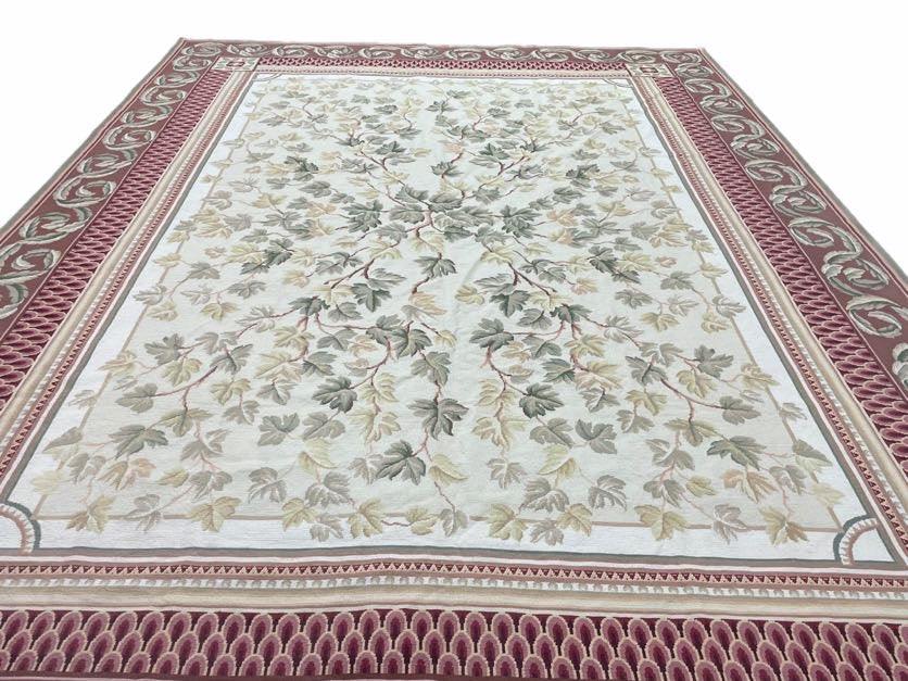 Traditional Aubusson Needlepoint Rug 9 x 12, Flowers, Flatweave Carpet, Hand-Knotted, Brand New, Cream Color, Green, Maroon Red, Wool - Nuvé