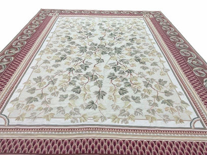 Traditional Aubusson Needlepoint Rug 9 x 12, Flowers, Flatweave Carpet, Hand-Knotted, Brand New, Cream Color, Green, Maroon Red, Wool - Nuvé