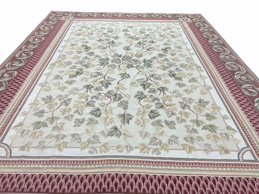 Aubusson Needlepoint Rug 9x12, Flatweave Carpet, Leaves, Wool, New, Handmade - Nuvé