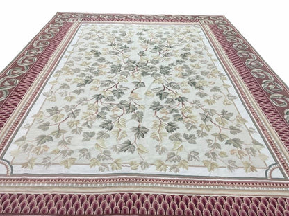 Aubusson Needlepoint Rug 9x12, Flatweave Carpet, Leaves, Wool, New, Handmade - Nuvé
