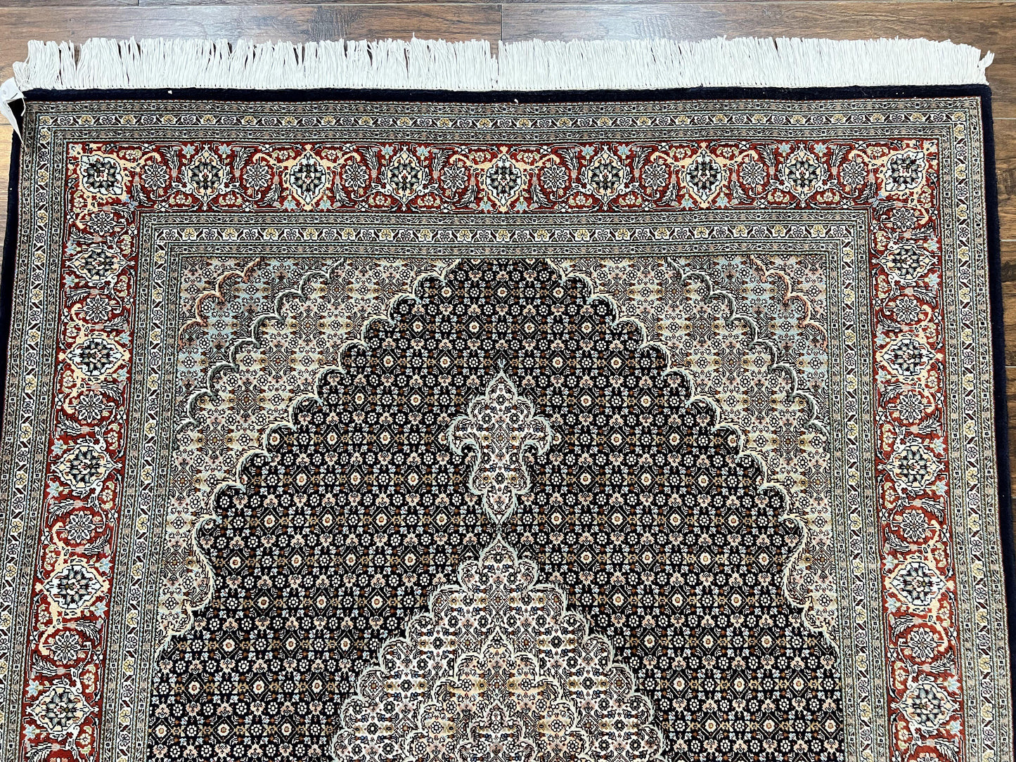 Persian Tabriz Rug 5x7, Wool with Silk Highlights, Hand Knotted Vintage Oriental Carpet, Very Fine, Herati Mahi Pattern, Black, Rare - Nuvé