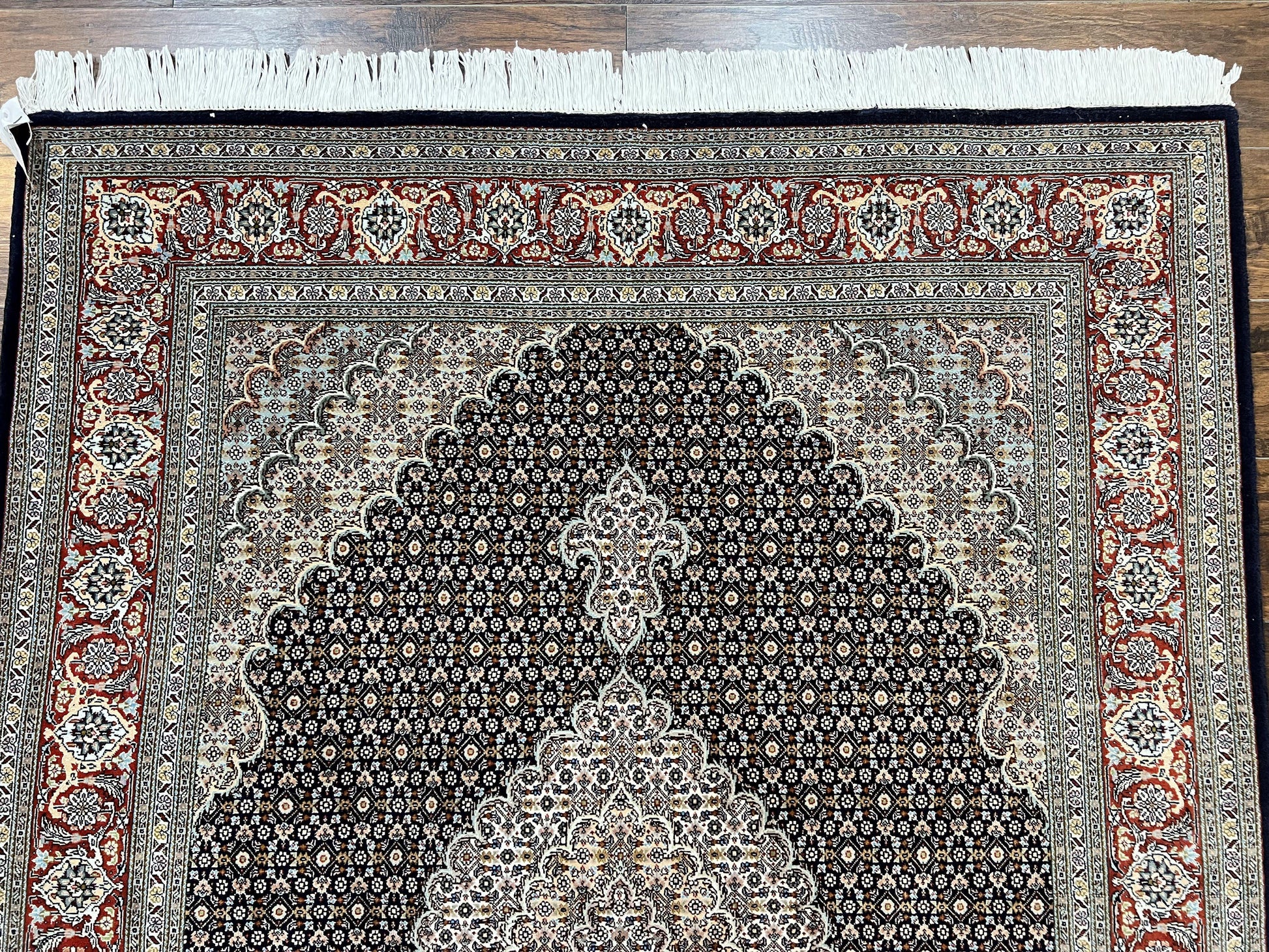 Persian Tabriz Rug 5x7, Wool with Silk Highlights, Hand Knotted Vintage Oriental Carpet, Very Fine, Herati Mahi Pattern, Black, Rare - Nuvé