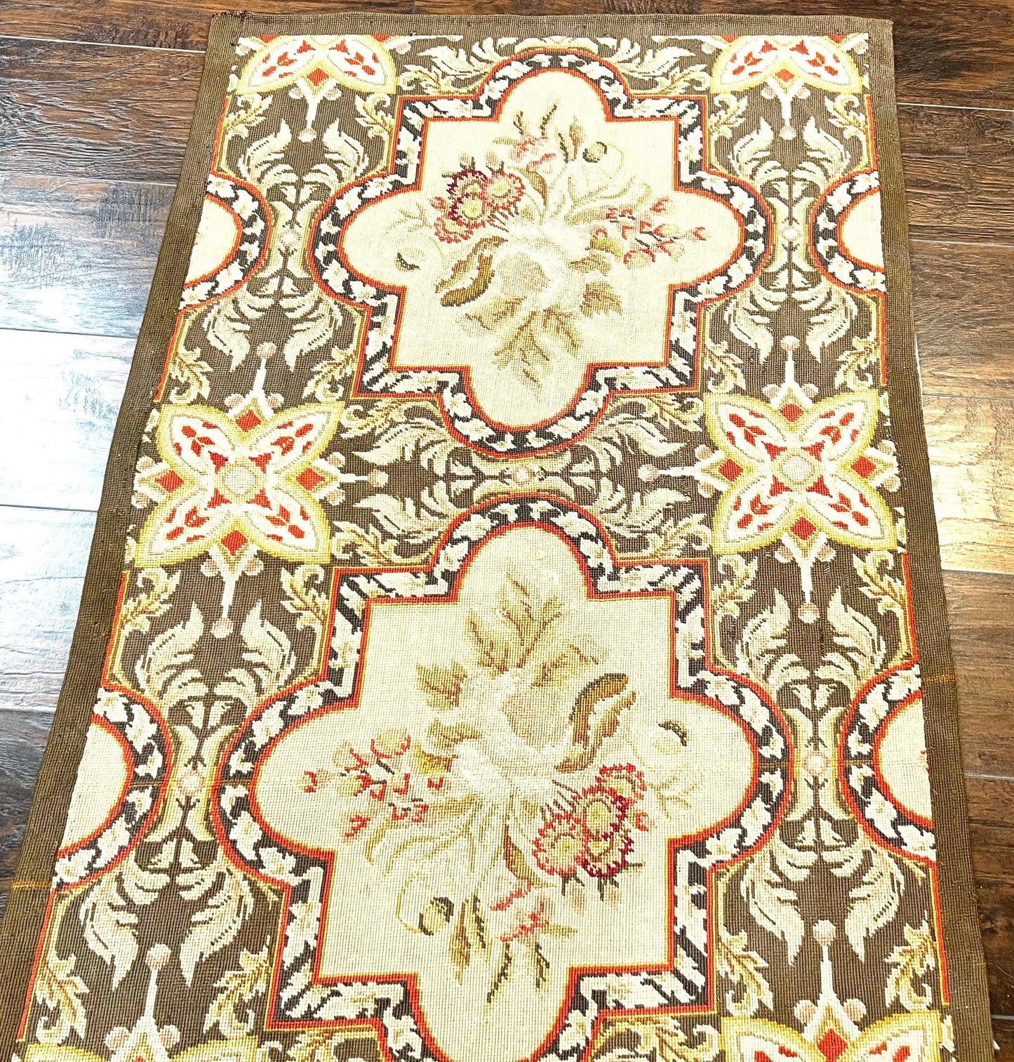 Needlepoint Runner Rug 2.8 x 9.8, Brown and Beige, Handwoven Handmade Floral French European Design, Vintage Flatweave 10ft Wool Runner Rug - Nuvé