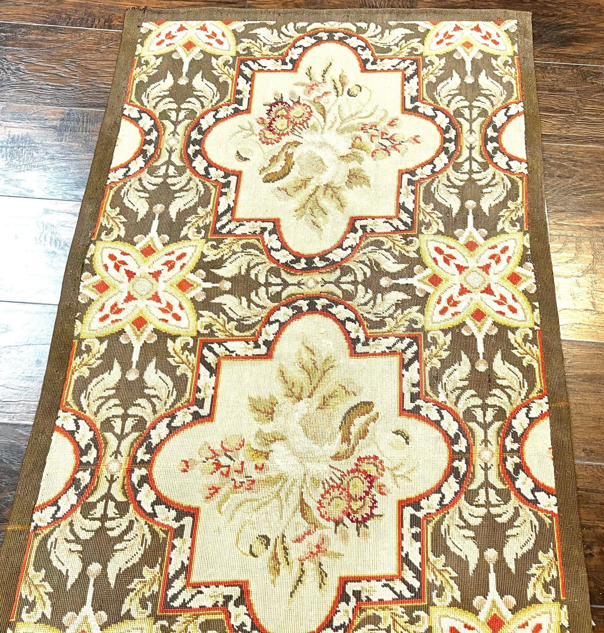 Needlepoint Runner Rug 2.8 x 9.8, Brown and Beige, Handwoven Handmade Floral French European Design, Vintage Flatweave 10ft Wool Runner Rug - Nuvé