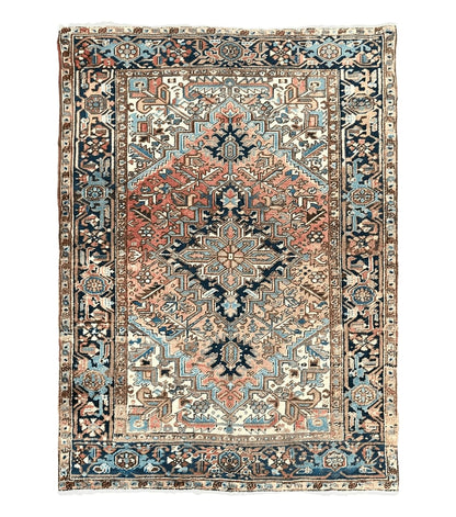 Antique Persian Heriz Rug 6x8, Geometric Medallion, 1920s Oriental Carpet, Handmade Wool Rug