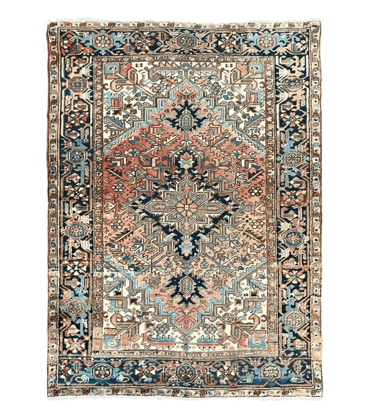 Antique Persian Heriz Rug 6x8, Geometric Medallion, 1920s Oriental Carpet, Handmade Wool Rug