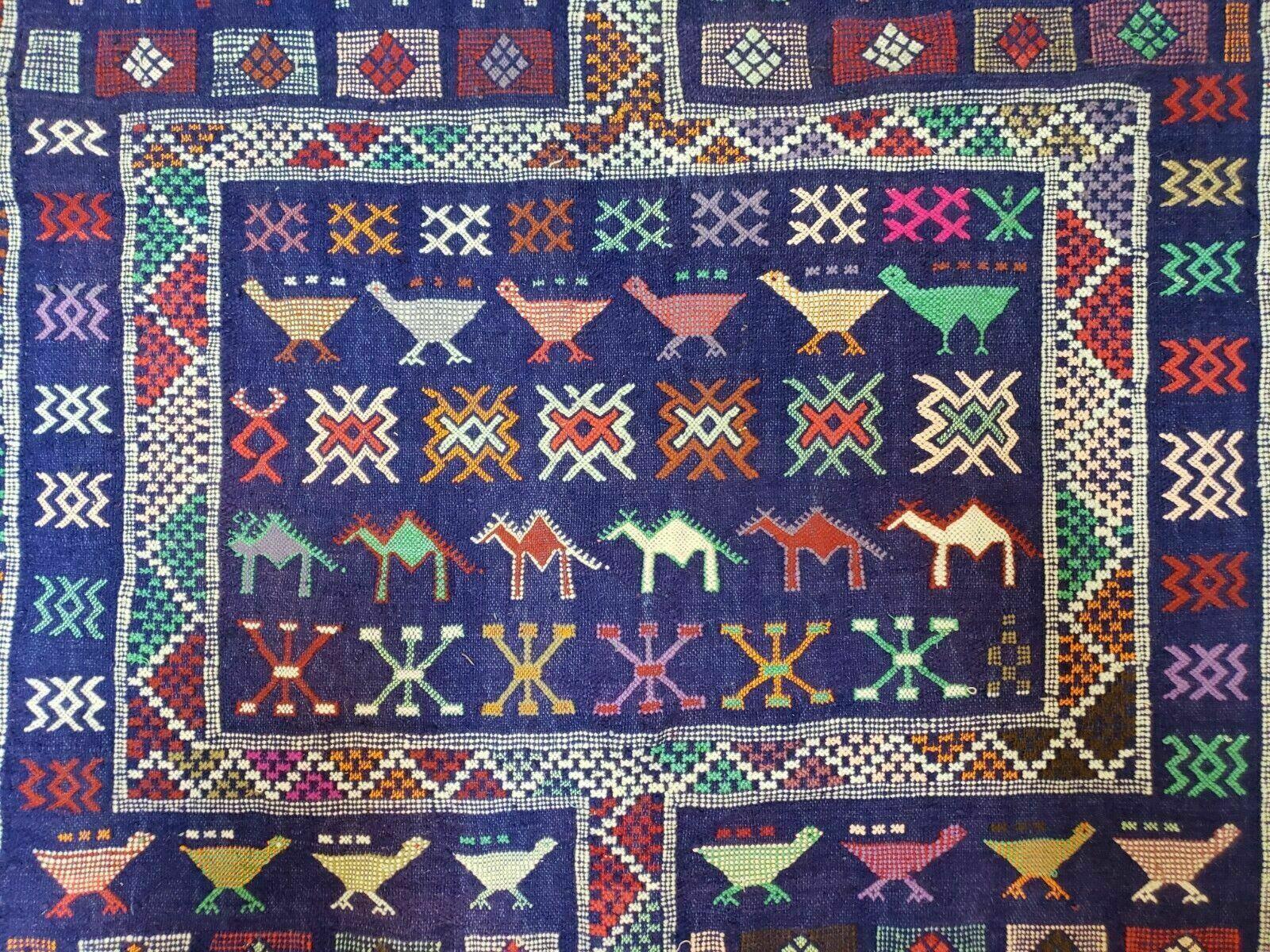 3' X 7' Vintage Handmade Indian Wool Kilim Flat weave Rug Camel Birds Blue Geometric Short Runner - Nuvé