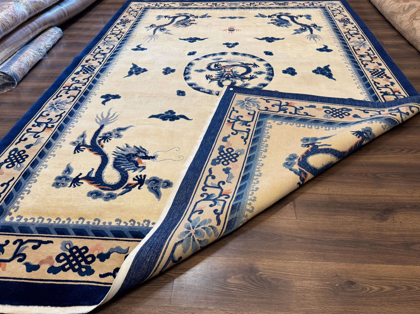 Chinese Dragon Peking Rug 8 x 11.6, Ivory and Blue, Chinese Wool Rug, Vintage - Nuvé