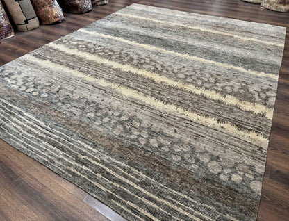Modern Tibetan Wool Rug 8x10, Abstract, Contemporary, Handmade, Gray, Stripes - Nuvé